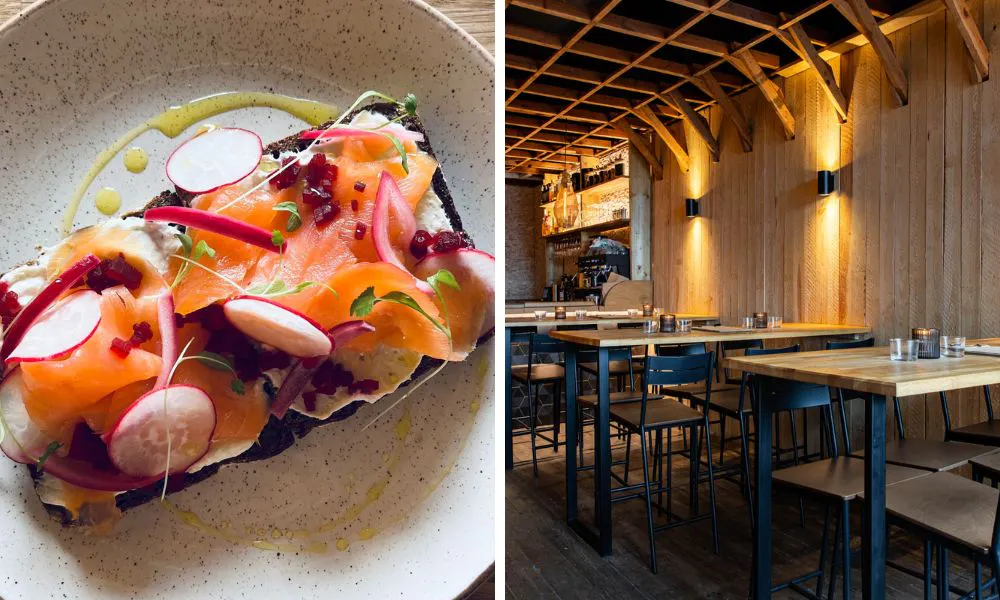 salmon on bread and photo of high top tables