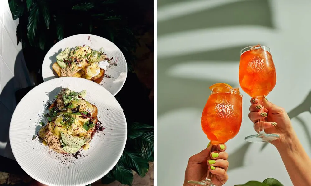 plates of avo toast and aperol spritz cocktails