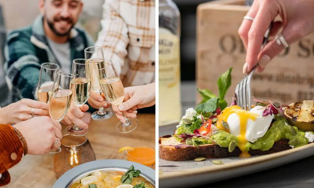 glasses of prosecco and avo on toast