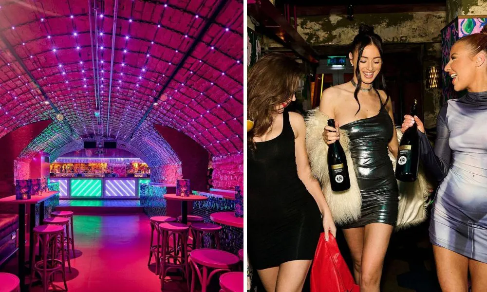 Pink bar area and women drinking prosecco