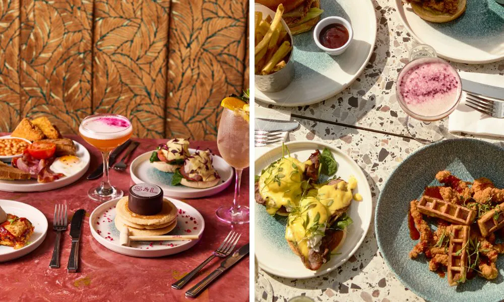 a selection of brunch dishes and cocktails