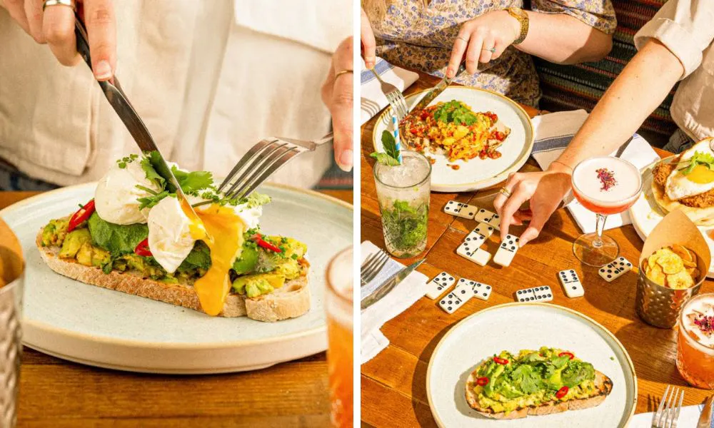 a selection of brunch plates and cocktails on a table