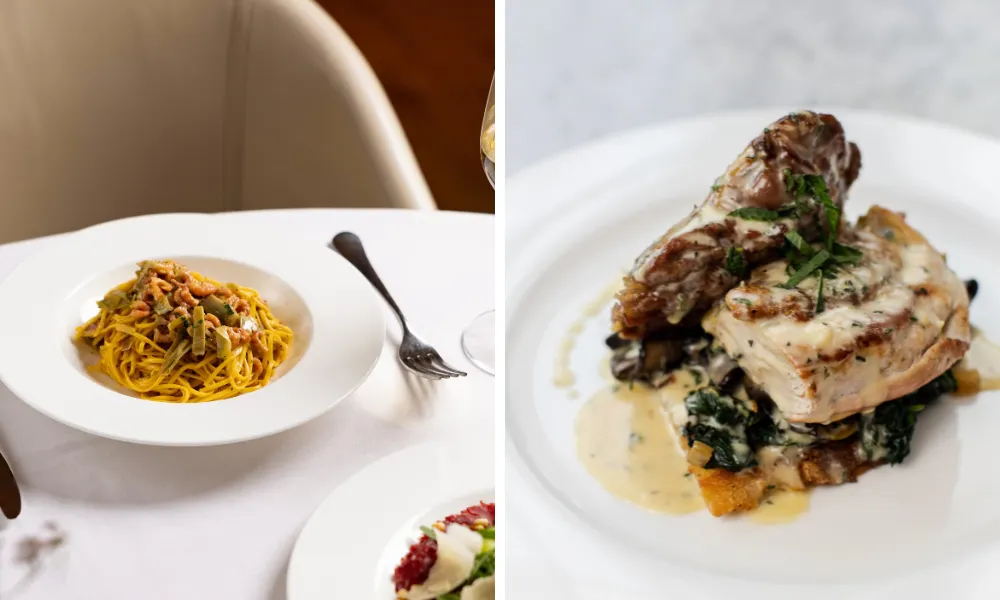 poultry dish and bowl of pasta