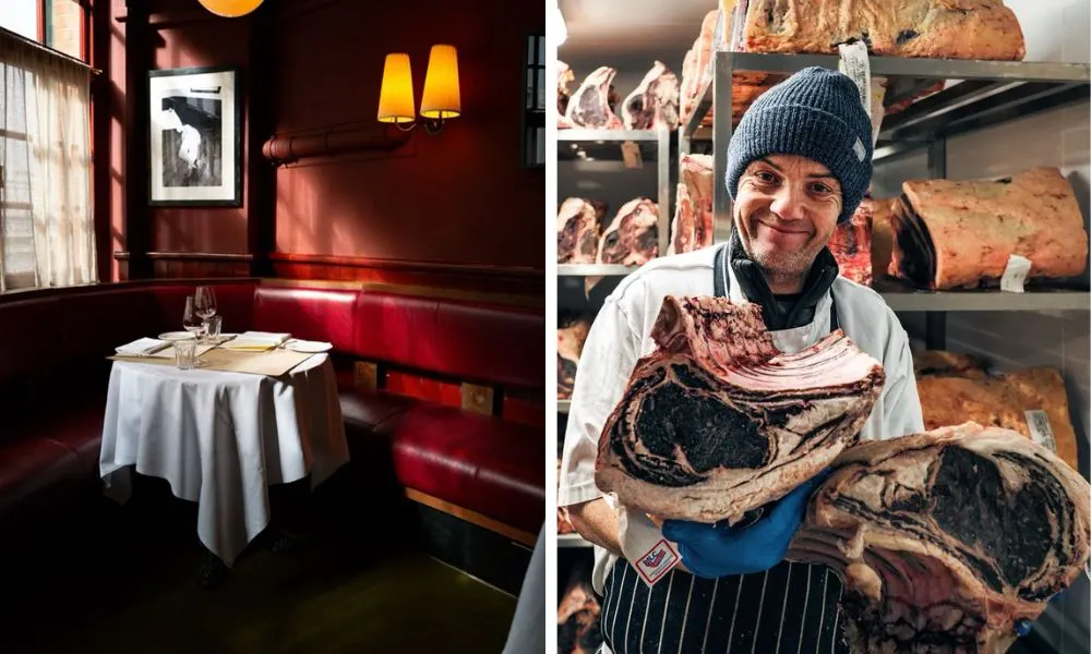 chef holding dry aged steaks