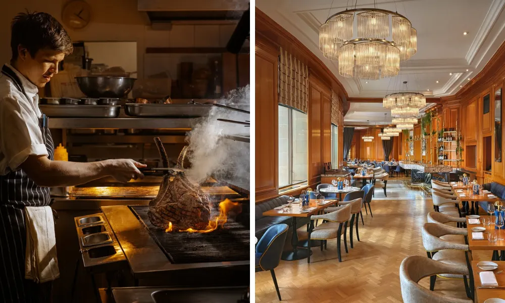 steak cooked over flame and view of long dining room