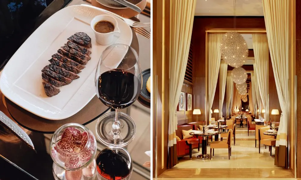 glamorous dining room and steak on a plate