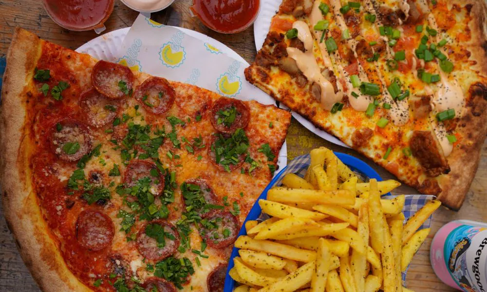 pizza slice and chips