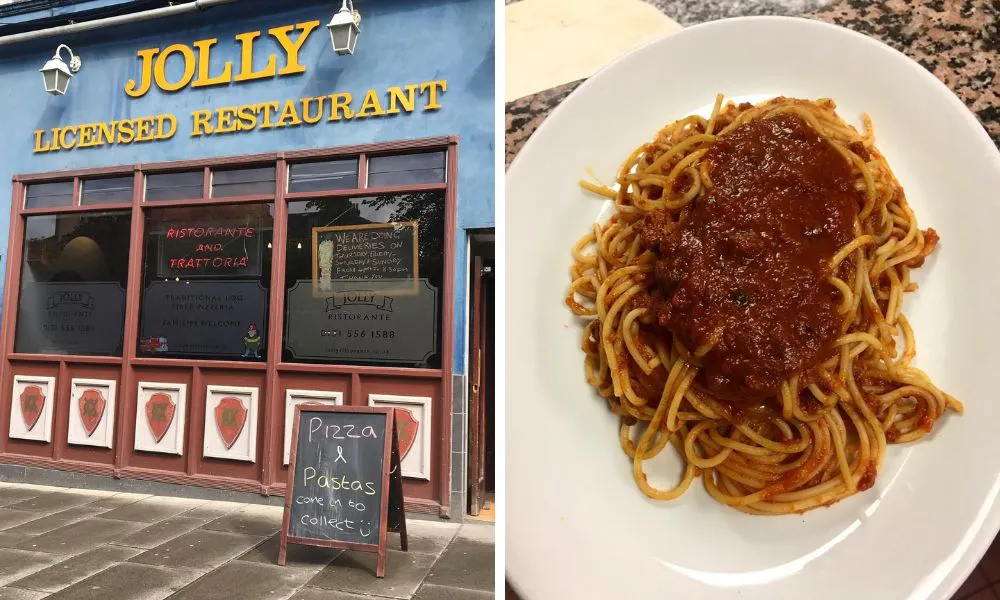 exterior of italian restaurant and spaghetti bolognese
