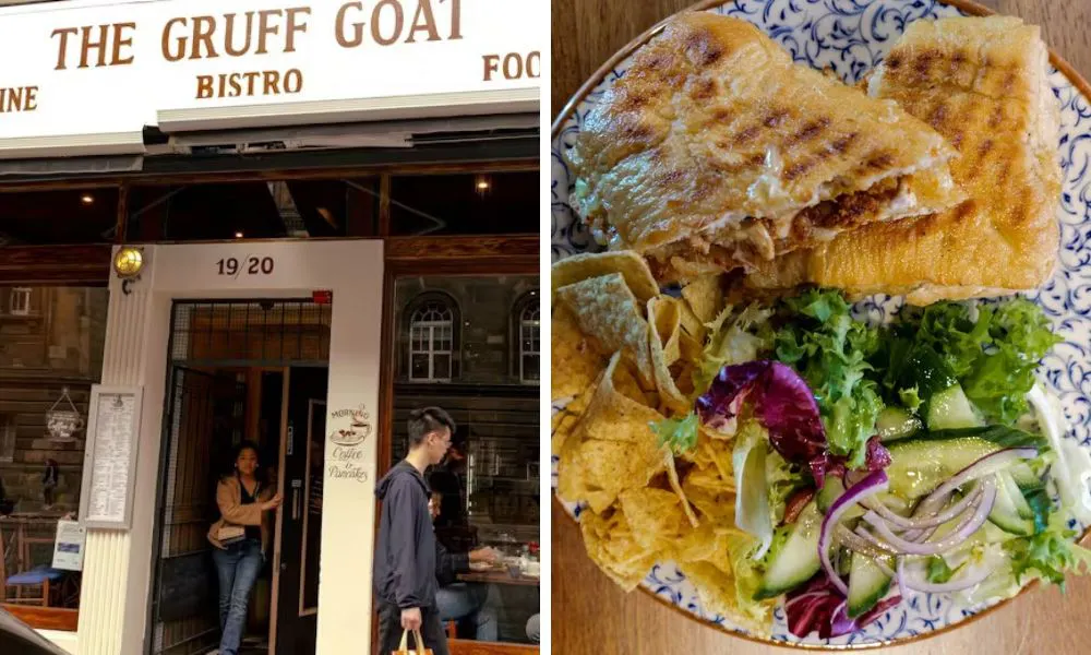 cafe in edinburgh and toastie with salad and crisps