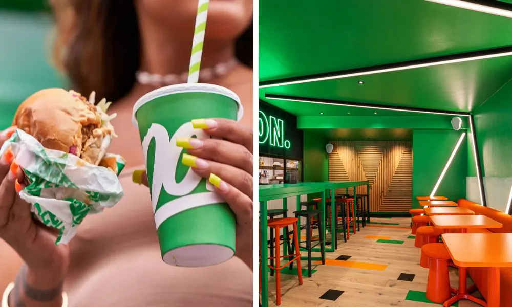 burger and milkshake, and vibrant green restaurant interiors