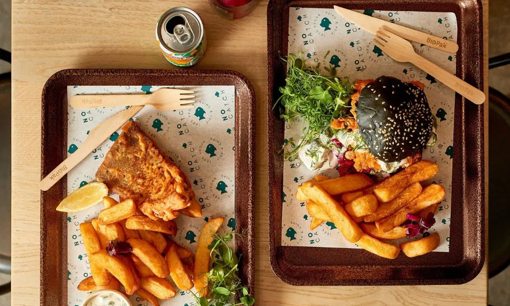 vegan fish and chips and vegan burger from The No Catch Co
