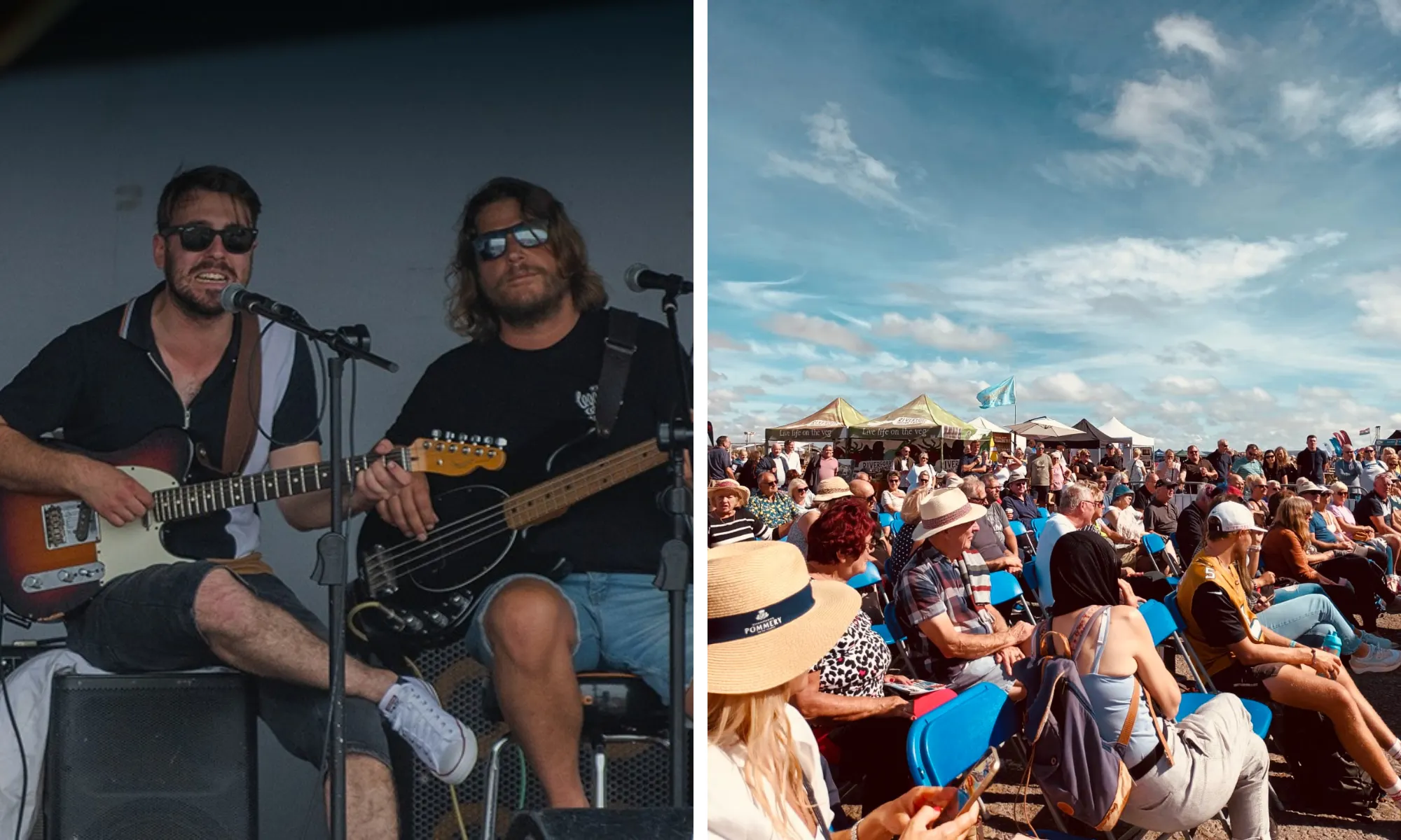 crowd watching musicians on stage with guitars