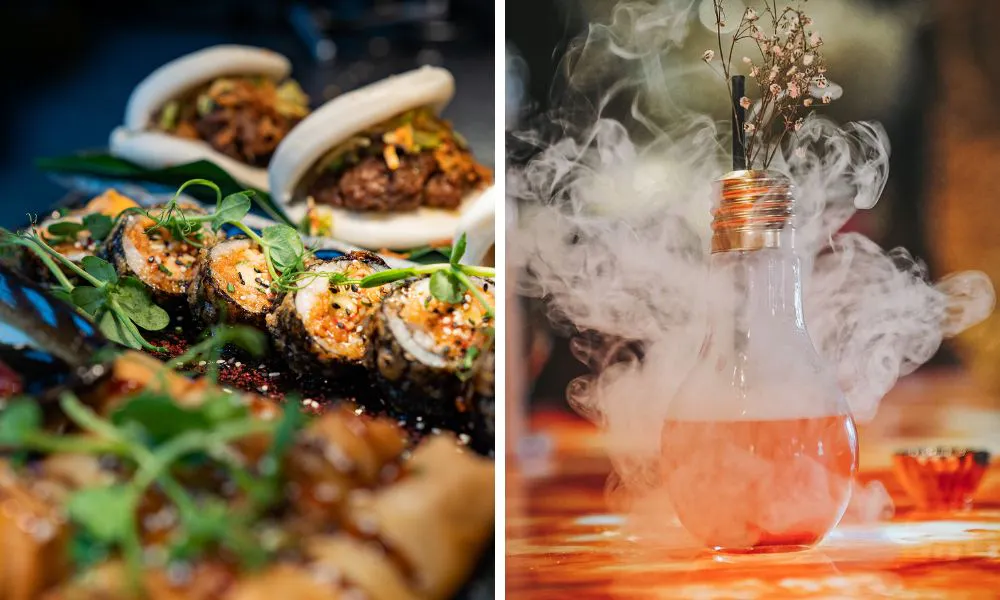 a selection of bao buns and sushi (left), an smoking cocktail (right)