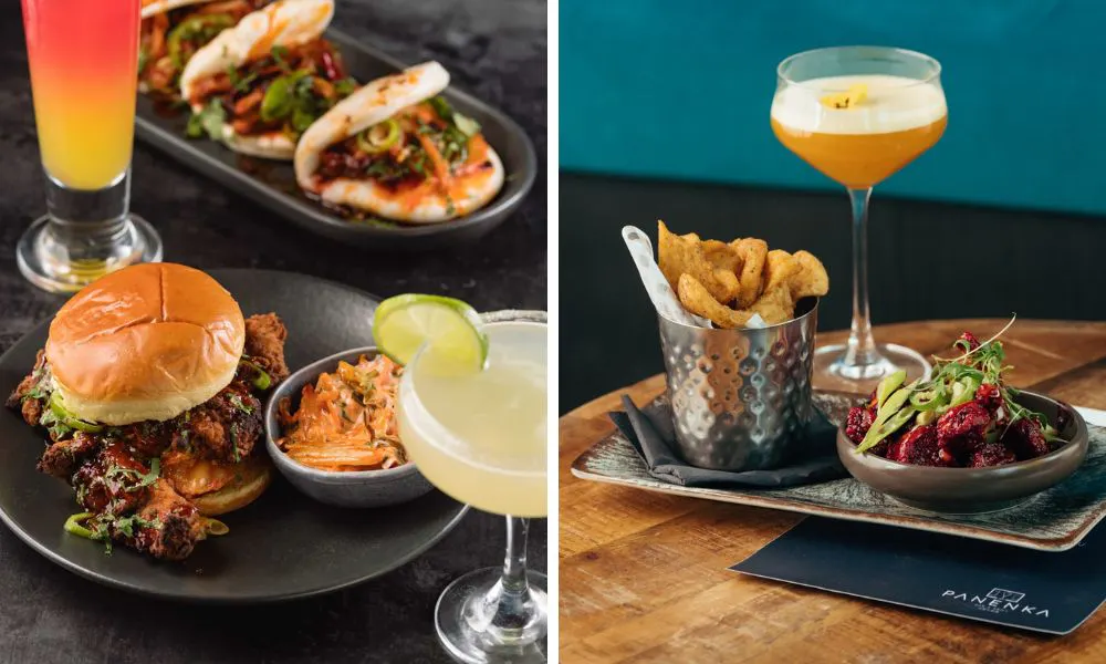 a selection of burgers, bao buns and cocktails