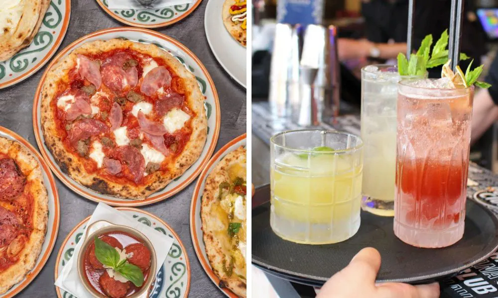pizza with meatballs and cocktails on a tray