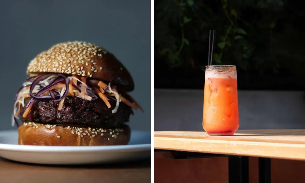 burger with slaw and cocktail
