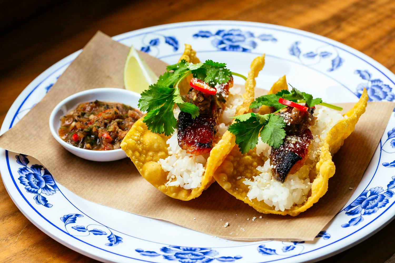 a plate of miso grilled black cod tacos at freak scene in soho london