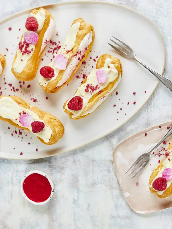 Chocolate Raspberry Eclair Recipe for Raspberry, Rose Water & White Chocolate Eclairs